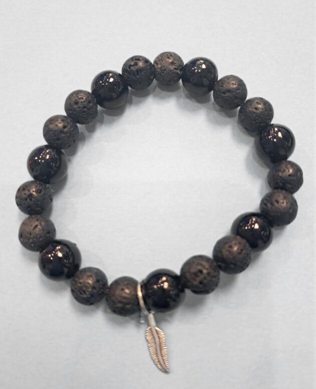 Diffuser lava bracelet with black beads and silver feather