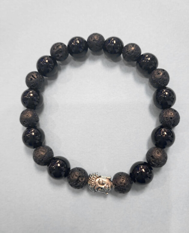 Diffuser lava bracelet with silver buddha head and black beads