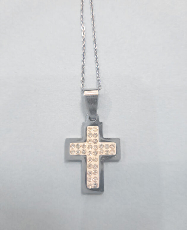 Stainless steel silver cross with crystal and detail