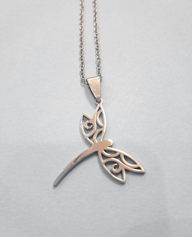 Stainless steel silver dragonfly pendant with detail on wings