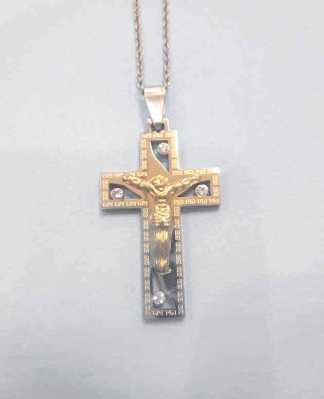 Stainless steel gold crucifix pendant with crystal detail