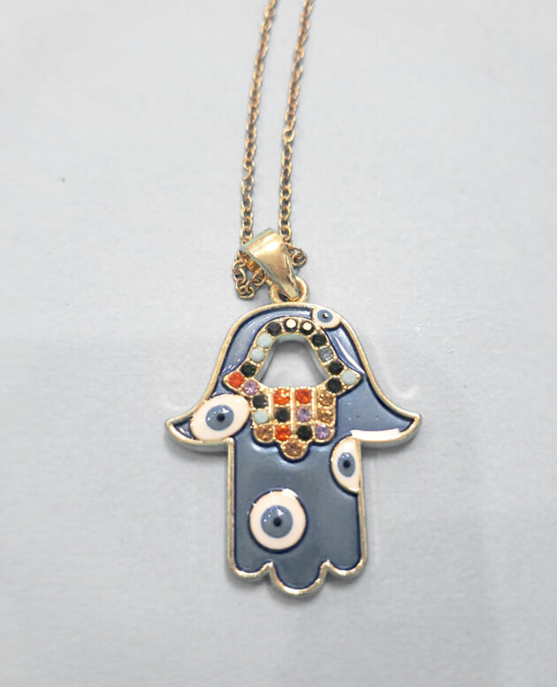 Stainless steel Hamsa hand pendant with color detail and four evil eyes