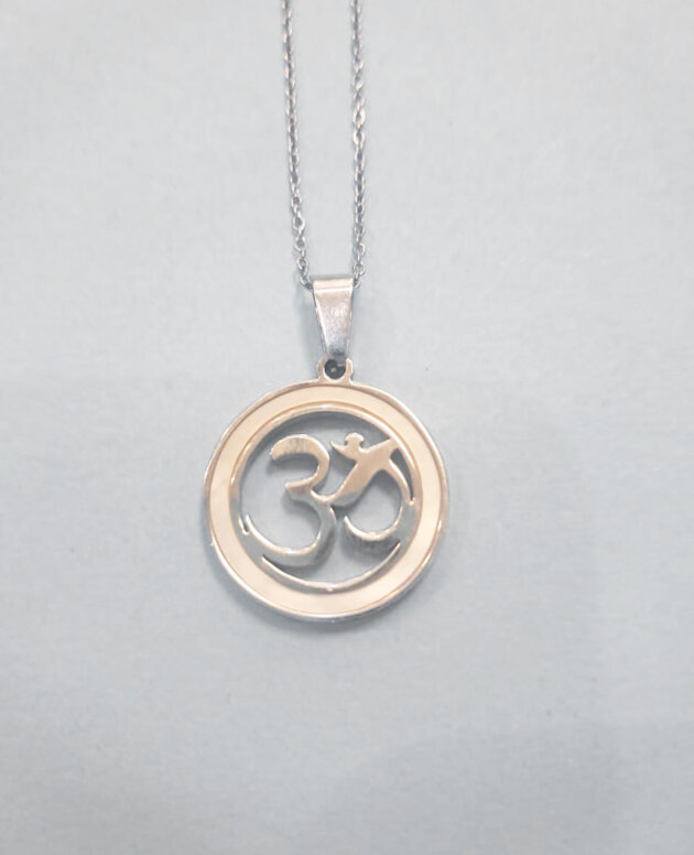 Stainless steel silver Ohm symbol in mother of pearl circle