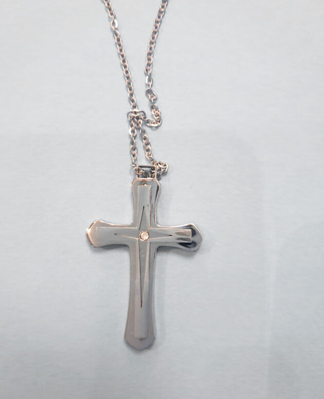 Stainless steel silver cross with crystal detail